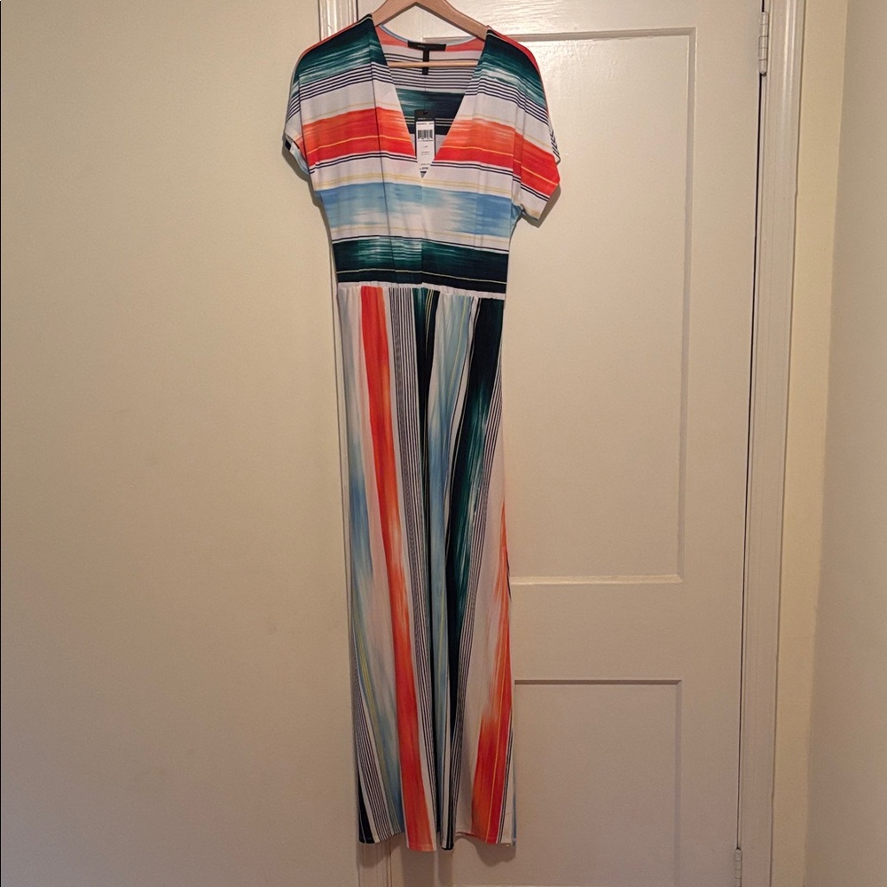 BCBGMaxAzria Striped V-Neck Maxi Dress in Teal, Coral, Navy & White